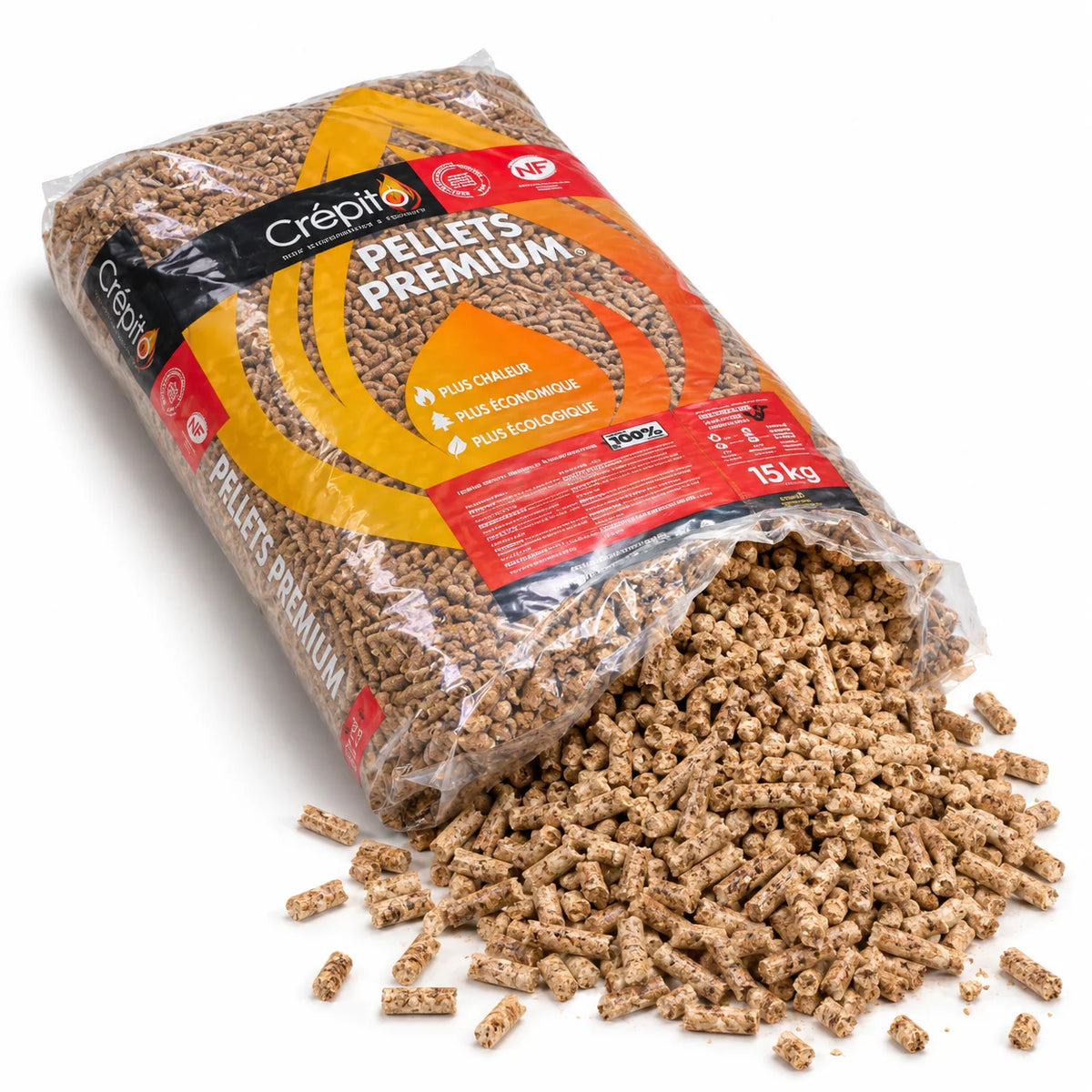 Prémiové drevené pelety CRÉPITO Premium – Paleta 100 vriec po 15 kg (1 500 kg)
