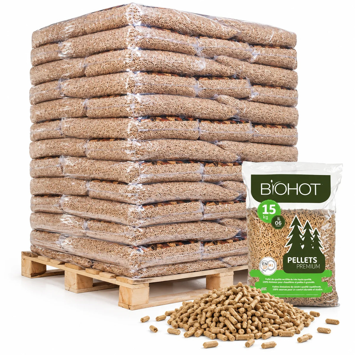 Drevené pelety Biohot – paleta 100 vriec po 15 kg (1 500 kg)